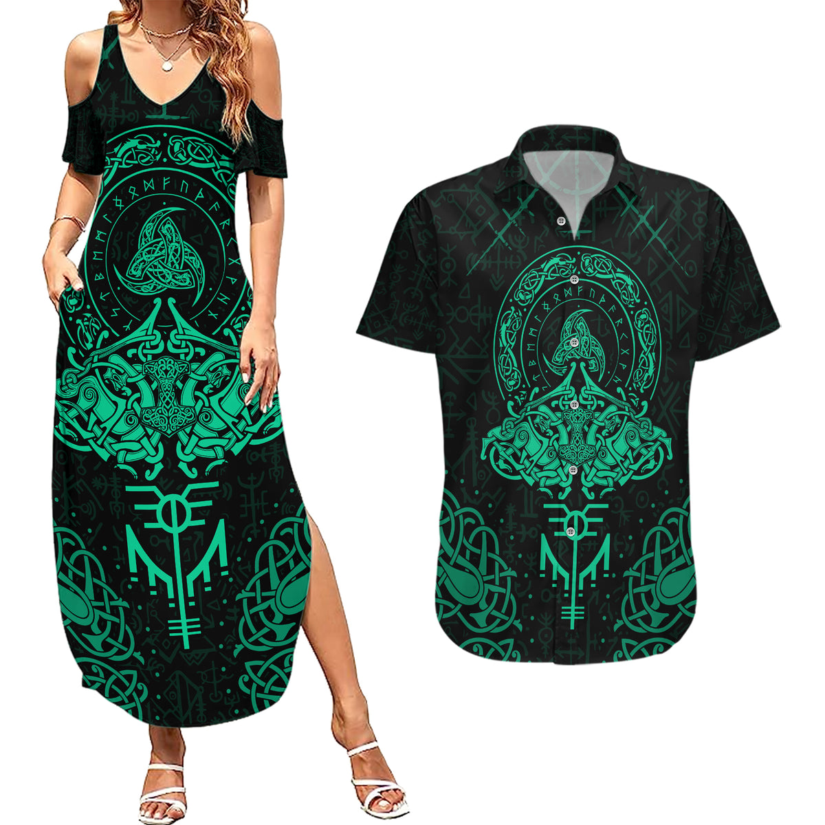 Viking Couples Matching Summer Maxi Dress and Hawaiian Shirt Valhalla's Eternal Glory - Wonder Print Shop