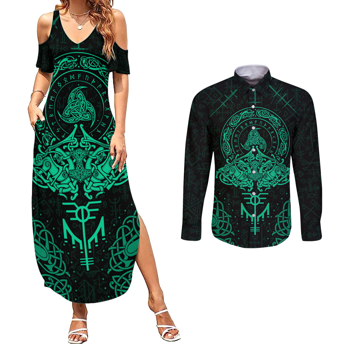 Viking Couples Matching Summer Maxi Dress and Long Sleeve Button Shirts Valhalla's Eternal Glory - Wonder Print Shop