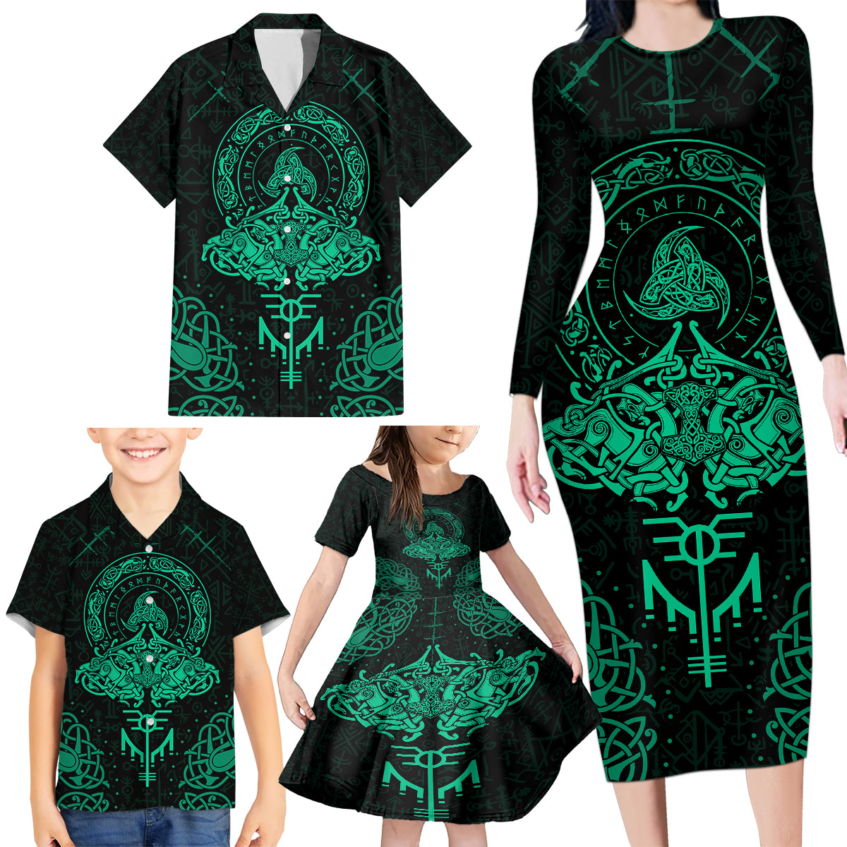 Viking Family Matching Long Sleeve Bodycon Dress and Hawaiian Shirt Valhalla's Eternal Glory - Wonder Print Shop