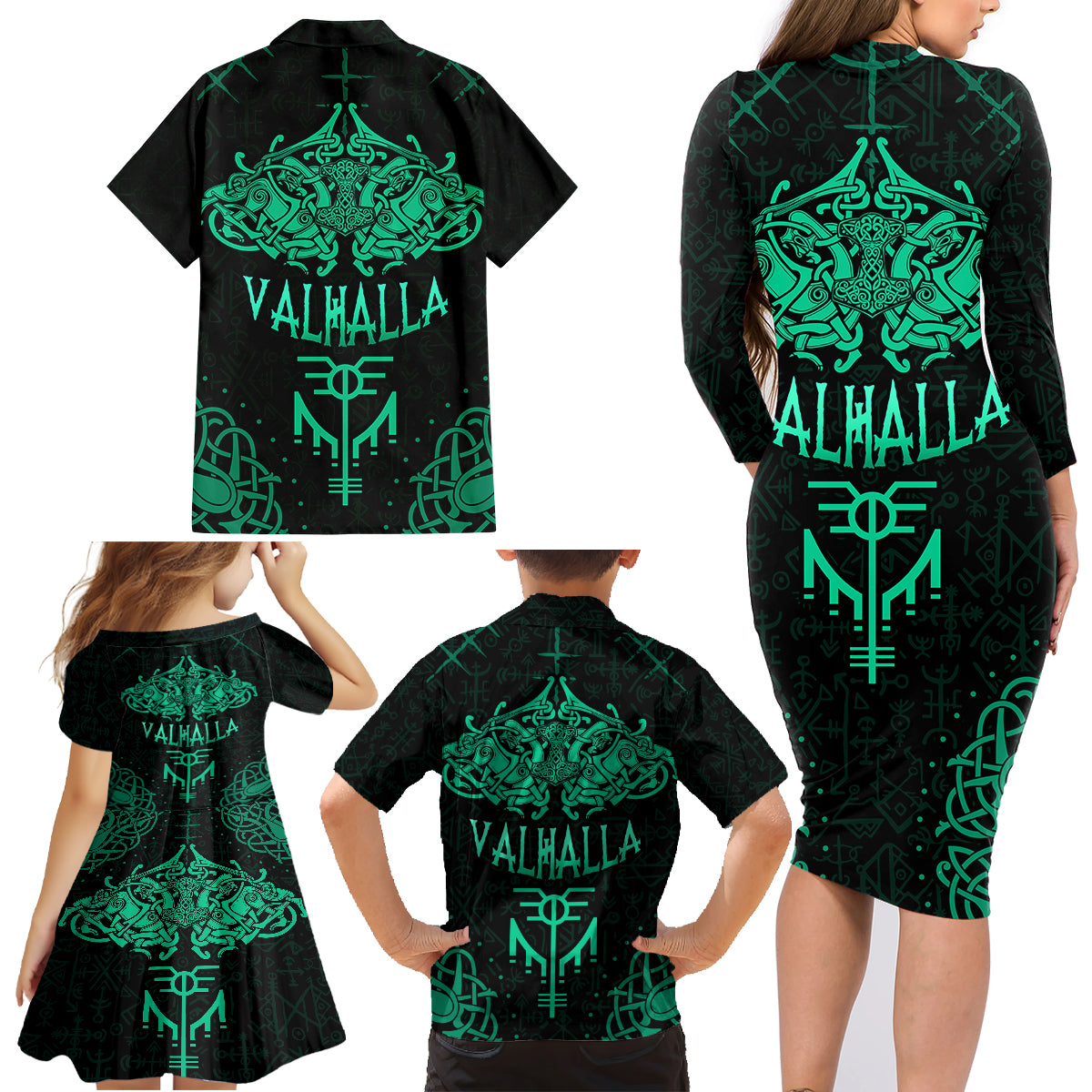 Viking Family Matching Long Sleeve Bodycon Dress and Hawaiian Shirt Valhalla's Eternal Glory - Wonder Print Shop