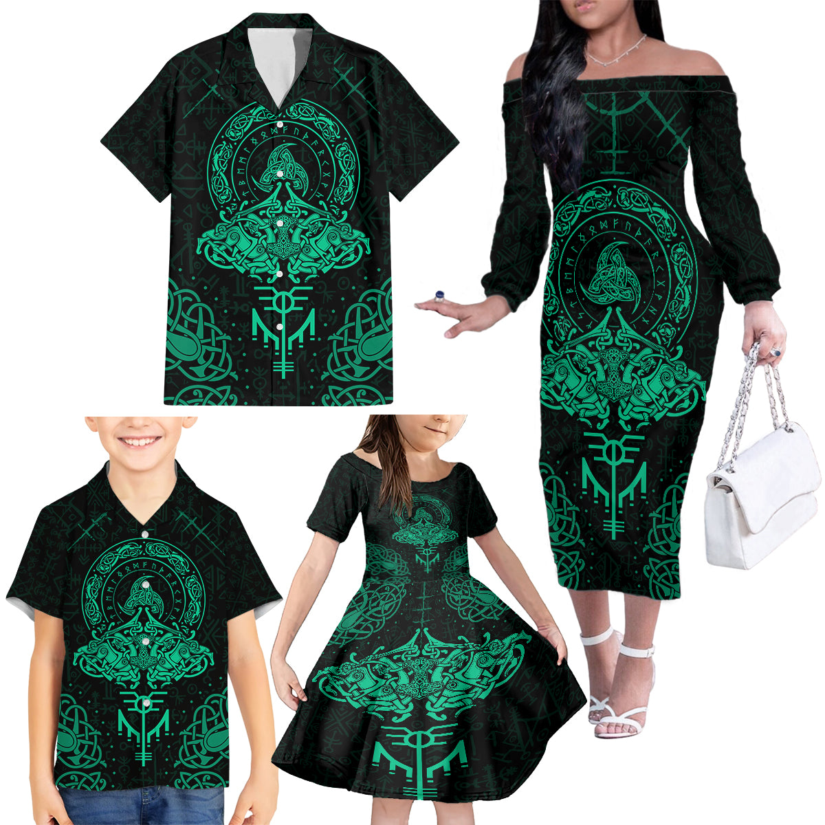 Viking Family Matching Off Shoulder Long Sleeve Dress and Hawaiian Shirt Valhalla's Eternal Glory - Wonder Print Shop
