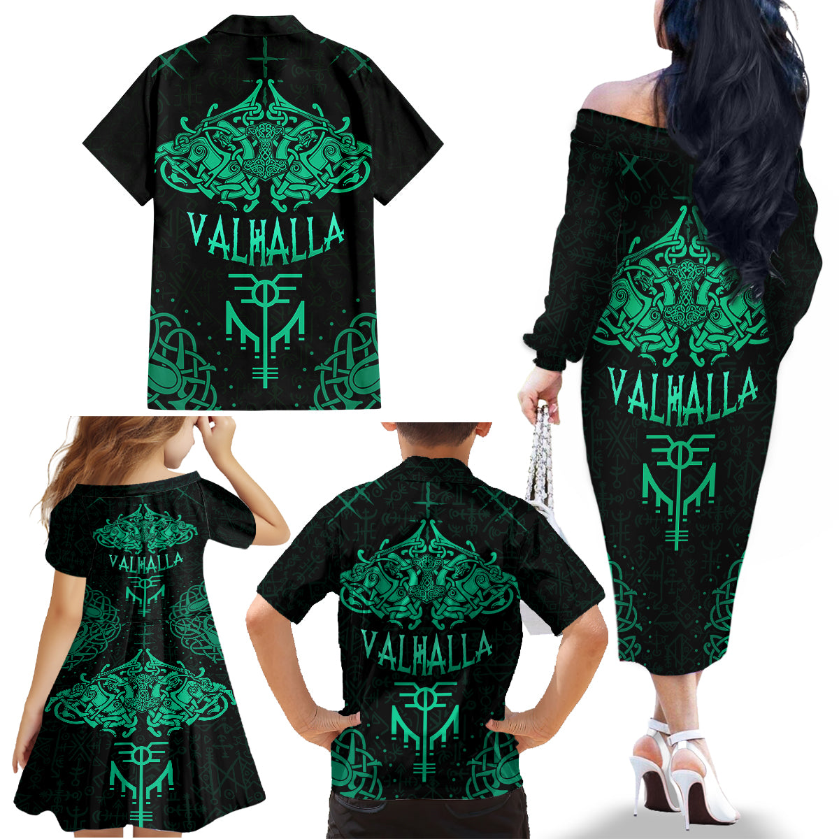 Viking Family Matching Off Shoulder Long Sleeve Dress and Hawaiian Shirt Valhalla's Eternal Glory - Wonder Print Shop