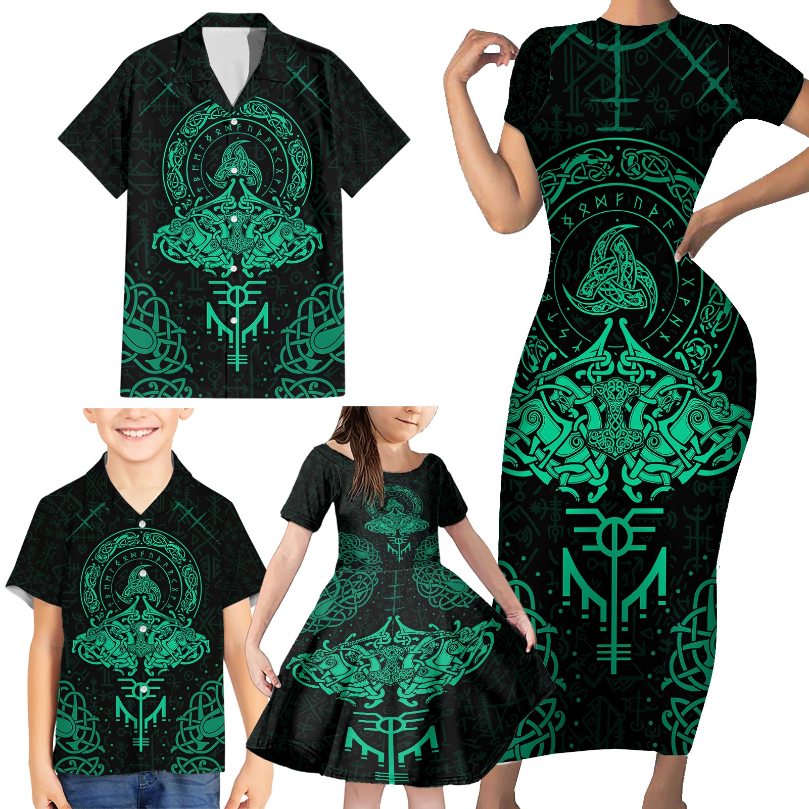 Viking Family Matching Short Sleeve Bodycon Dress and Hawaiian Shirt Valhalla's Eternal Glory - Wonder Print Shop