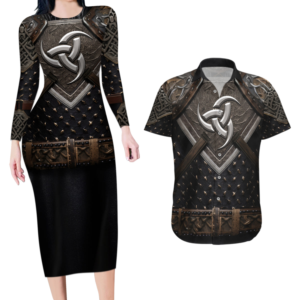 Legendary Viking Armor Couples Matching Long Sleeve Bodycon Dress and Hawaiian Shirt Triple Horn Saga - Wonder Print Shop