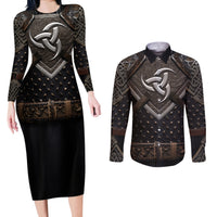 Legendary Viking Armor Couples Matching Long Sleeve Bodycon Dress and Long Sleeve Button Shirts Triple Horn Saga - Wonder Print Shop