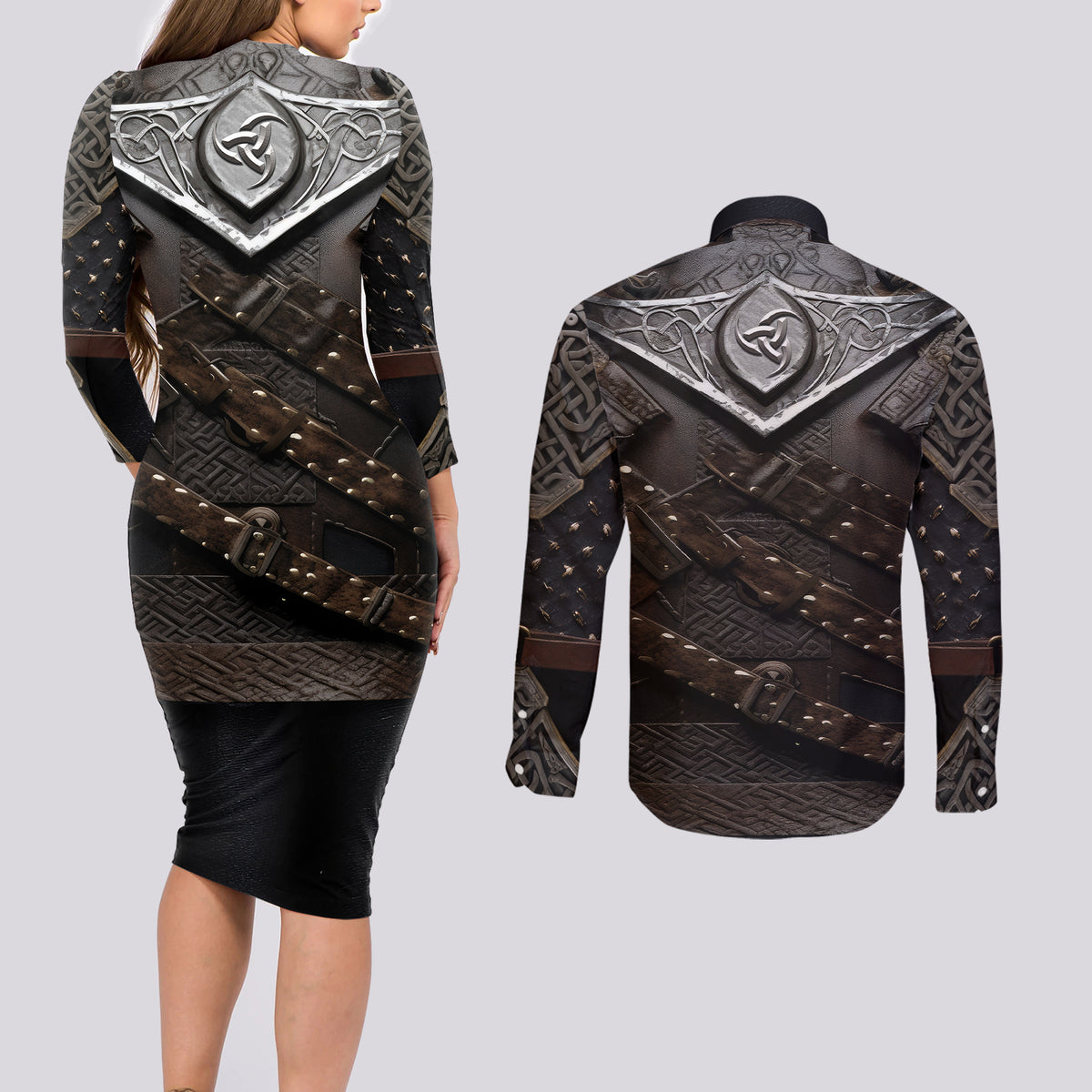 Legendary Viking Armor Couples Matching Long Sleeve Bodycon Dress and Long Sleeve Button Shirts Triple Horn Saga - Wonder Print Shop
