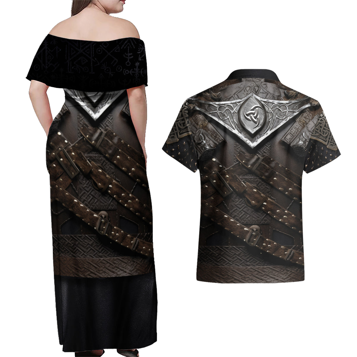 Legendary Viking Armor Couples Matching Off Shoulder Maxi Dress and Hawaiian Shirt Triple Horn Saga - Wonder Print Shop