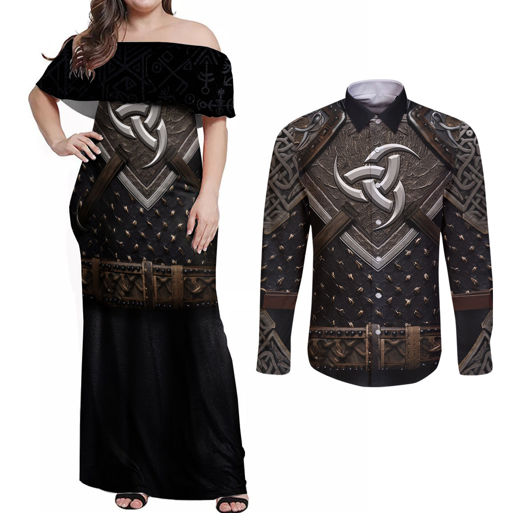 Legendary Viking Armor Couples Matching Off Shoulder Maxi Dress and Long Sleeve Button Shirts Triple Horn Saga - Wonder Print Shop