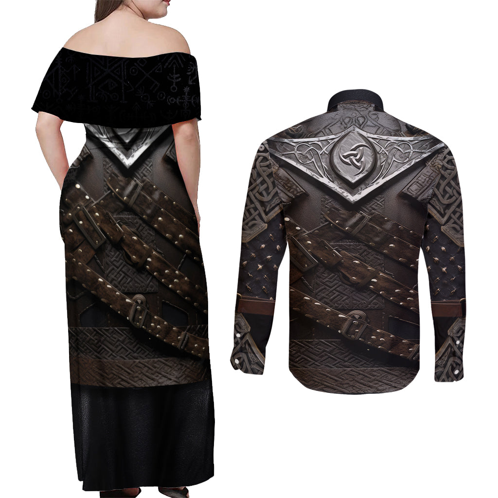 Legendary Viking Armor Couples Matching Off Shoulder Maxi Dress and Long Sleeve Button Shirts Triple Horn Saga - Wonder Print Shop