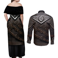 Legendary Viking Armor Couples Matching Off Shoulder Maxi Dress and Long Sleeve Button Shirts Triple Horn Saga - Wonder Print Shop