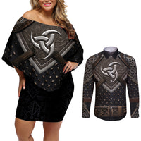 Legendary Viking Armor Couples Matching Off Shoulder Short Dress and Long Sleeve Button Shirts Triple Horn Saga - Wonder Print Shop