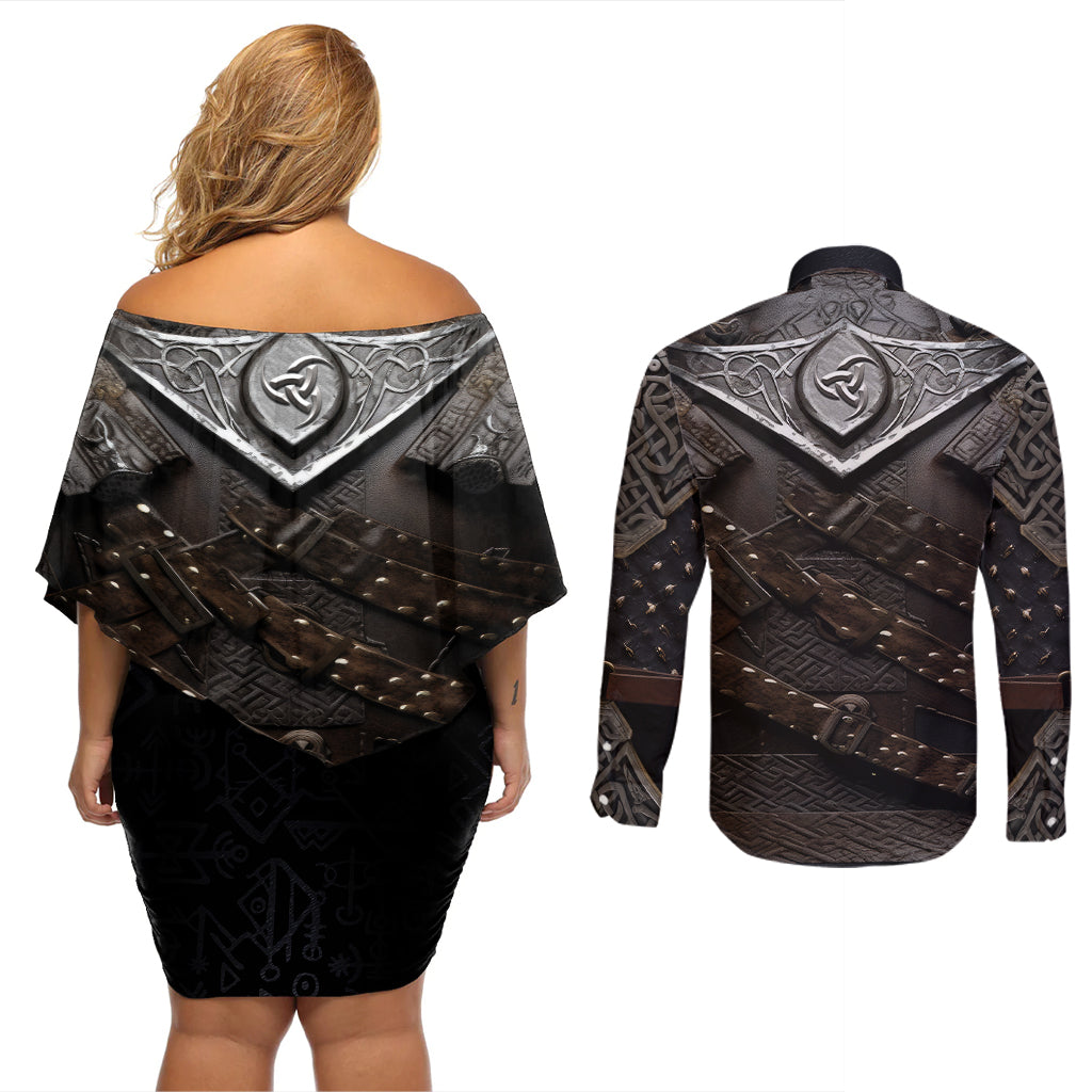 Legendary Viking Armor Couples Matching Off Shoulder Short Dress and Long Sleeve Button Shirts Triple Horn Saga - Wonder Print Shop