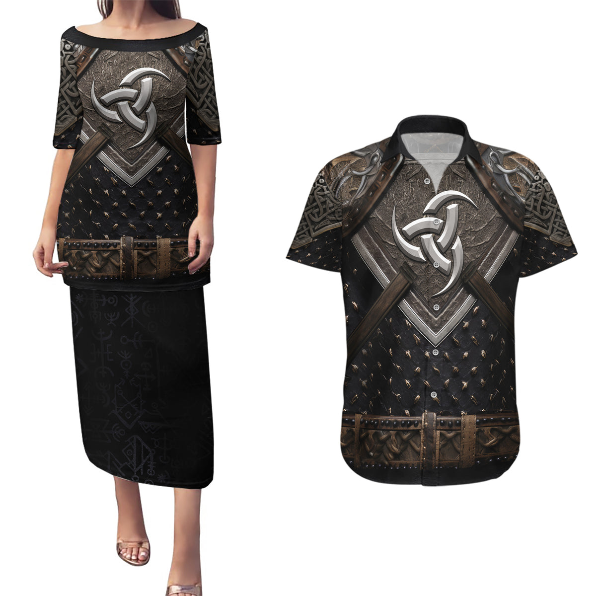 Legendary Viking Armor Couples Matching Puletasi Dress and Hawaiian Shirt Triple Horn Saga - Wonder Print Shop