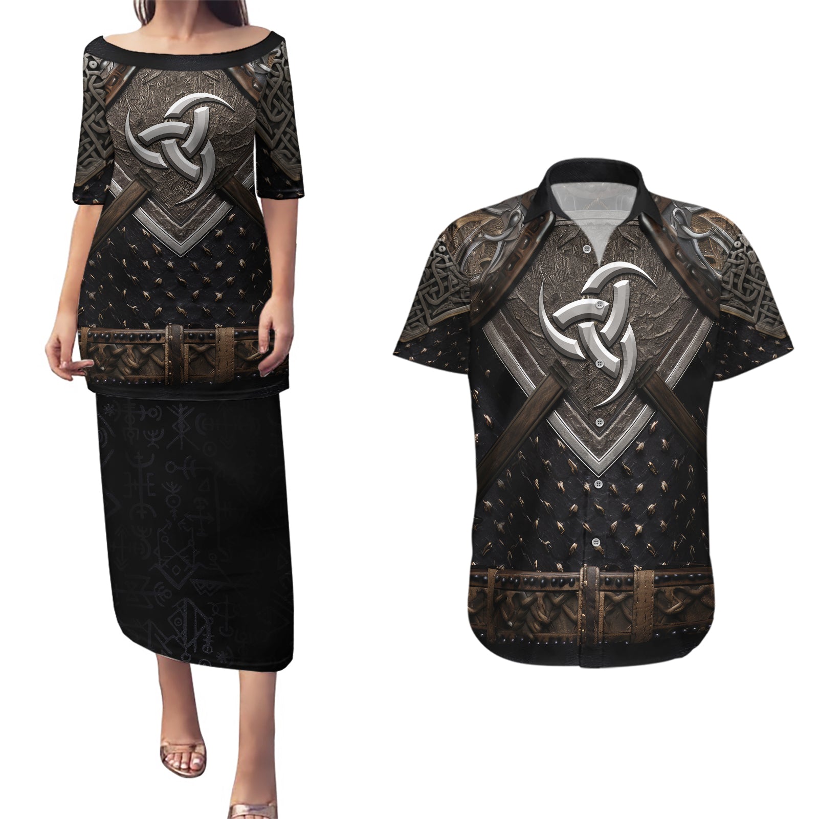 Legendary Viking Armor Couples Matching Puletasi Dress and Hawaiian Shirt Triple Horn Saga - Wonder Print Shop