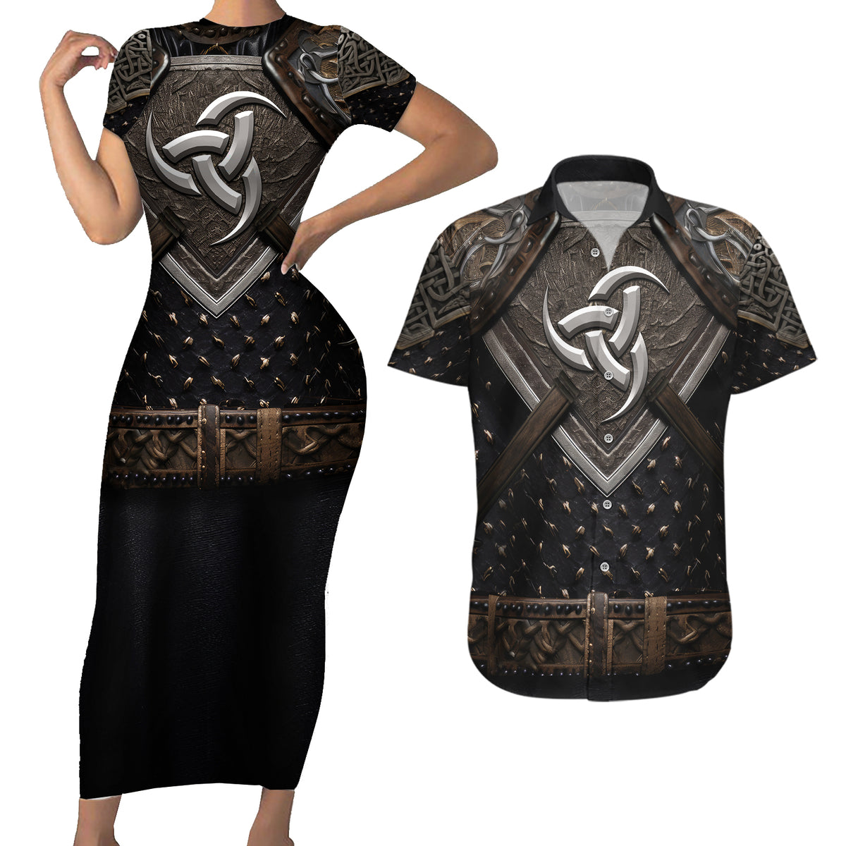 Legendary Viking Armor Couples Matching Short Sleeve Bodycon Dress and Hawaiian Shirt Triple Horn Saga - Wonder Print Shop