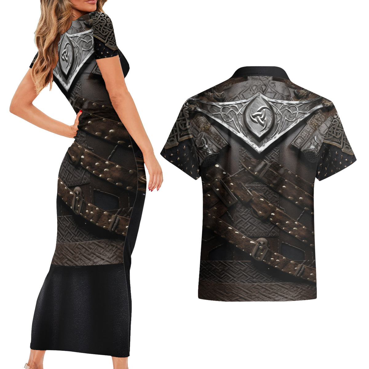 Legendary Viking Armor Couples Matching Short Sleeve Bodycon Dress and Hawaiian Shirt Triple Horn Saga - Wonder Print Shop