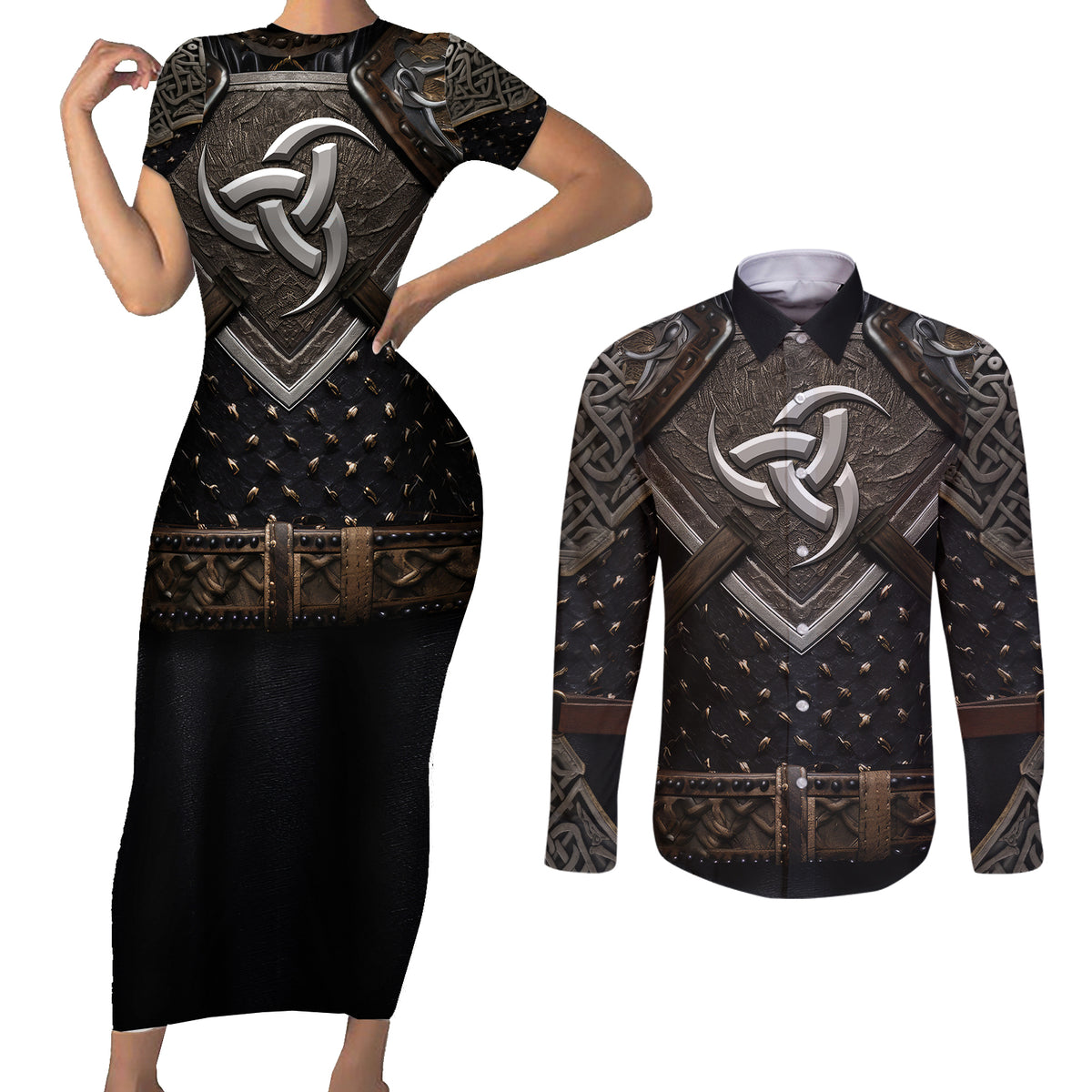 Legendary Viking Armor Couples Matching Short Sleeve Bodycon Dress and Long Sleeve Button Shirts Triple Horn Saga - Wonder Print Shop
