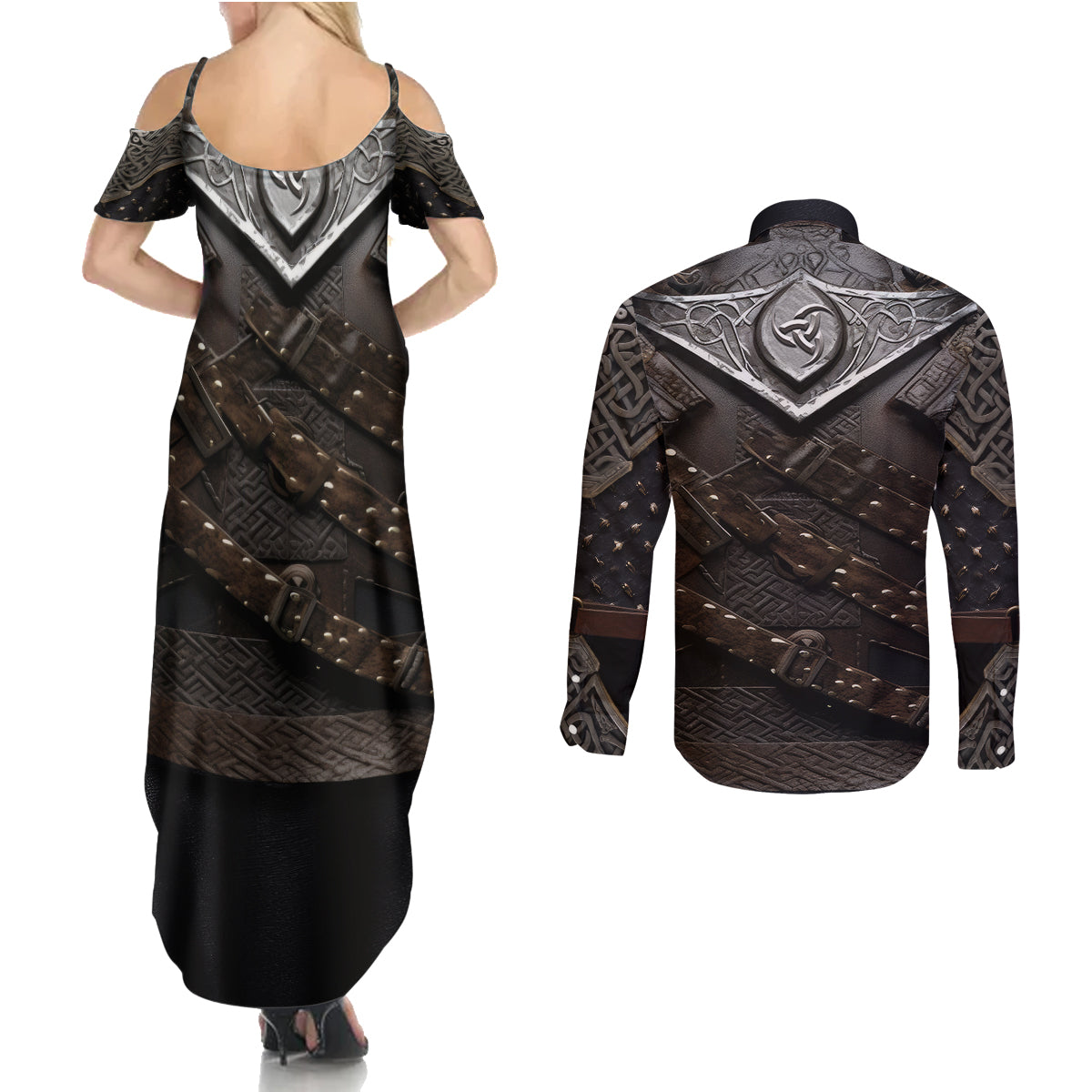 Legendary Viking Armor Couples Matching Summer Maxi Dress and Long Sleeve Button Shirts Triple Horn Saga - Wonder Print Shop