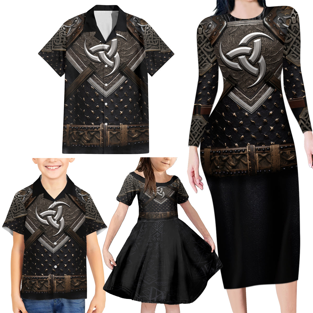 Legendary Viking Armor Family Matching Long Sleeve Bodycon Dress and Hawaiian Shirt Triple Horn Saga - Wonder Print Shop