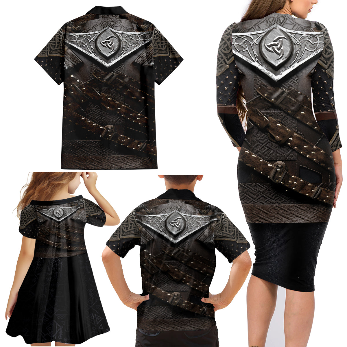 Legendary Viking Armor Family Matching Long Sleeve Bodycon Dress and Hawaiian Shirt Triple Horn Saga - Wonder Print Shop