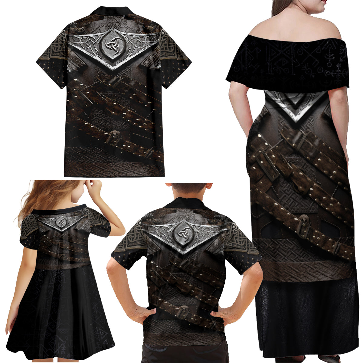 Legendary Viking Armor Family Matching Off Shoulder Maxi Dress and Hawaiian Shirt Triple Horn Saga - Wonder Print Shop