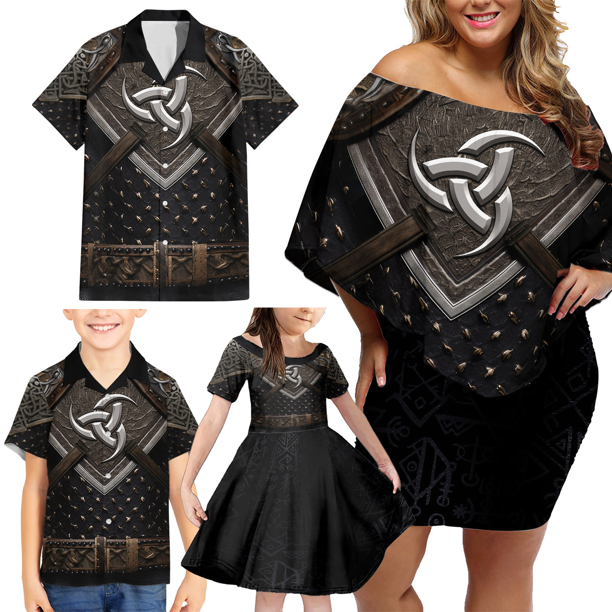 Legendary Viking Armor Family Matching Off Shoulder Short Dress and Hawaiian Shirt Triple Horn Saga - Wonder Print Shop