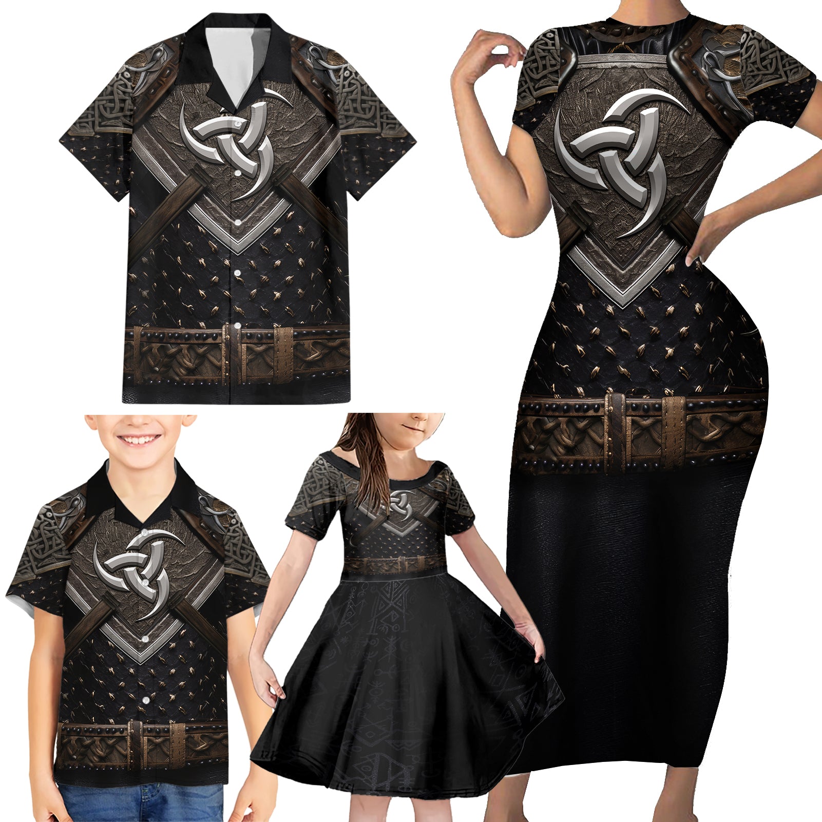 Legendary Viking Armor Family Matching Short Sleeve Bodycon Dress and Hawaiian Shirt Triple Horn Saga - Wonder Print Shop