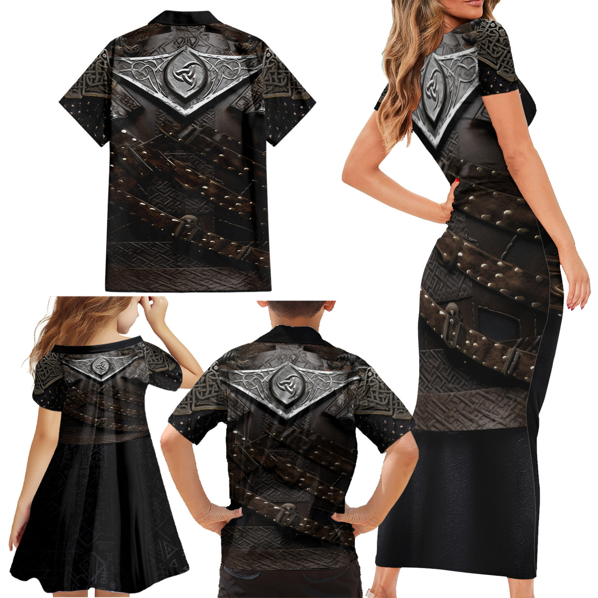 Legendary Viking Armor Family Matching Short Sleeve Bodycon Dress and Hawaiian Shirt Triple Horn Saga - Wonder Print Shop