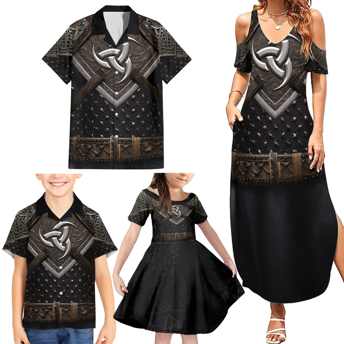 Legendary Viking Armor Family Matching Summer Maxi Dress and Hawaiian Shirt Triple Horn Saga - Wonder Print Shop