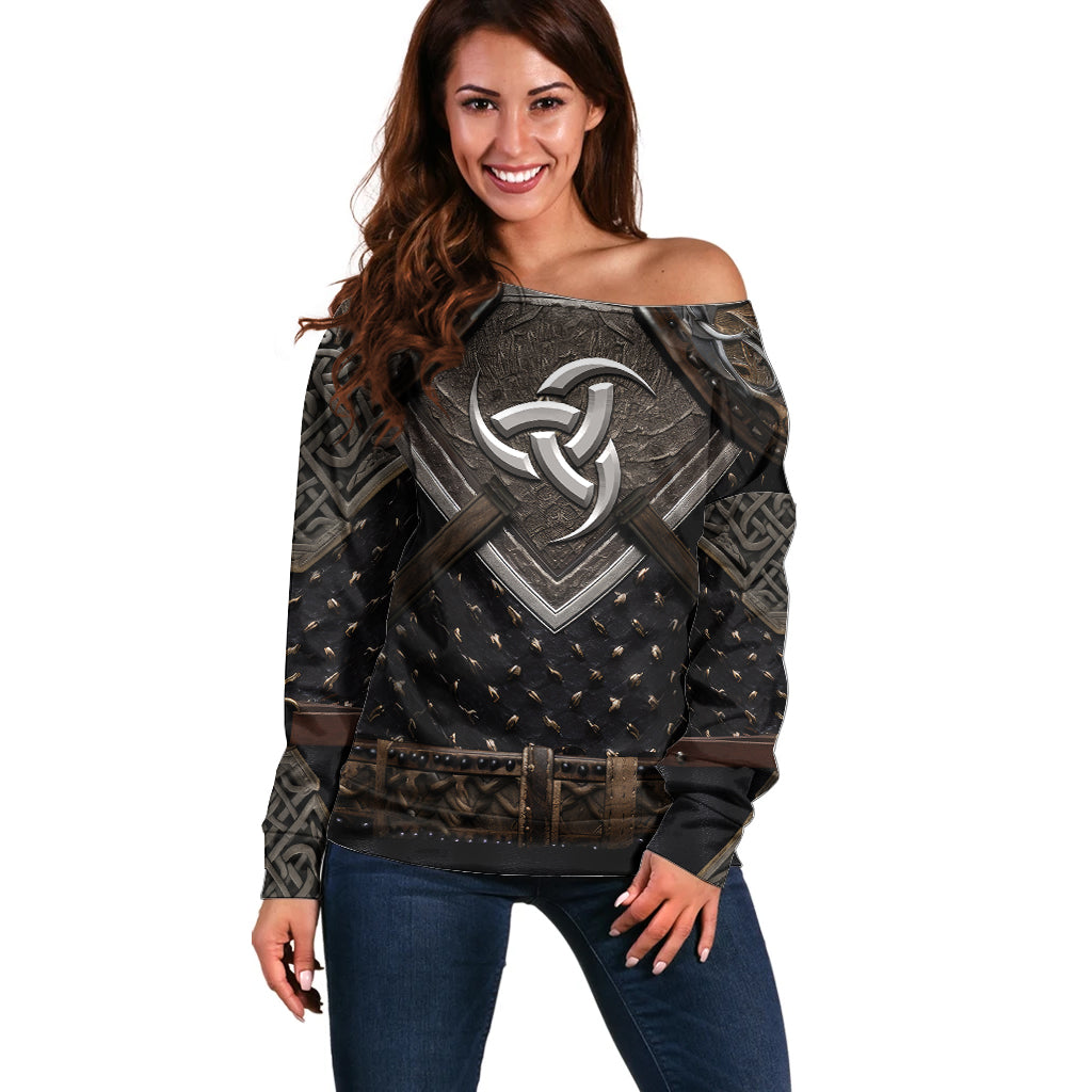 Legendary Viking Armor Off Shoulder Sweater Triple Horn Saga - Wonder Print Shop
