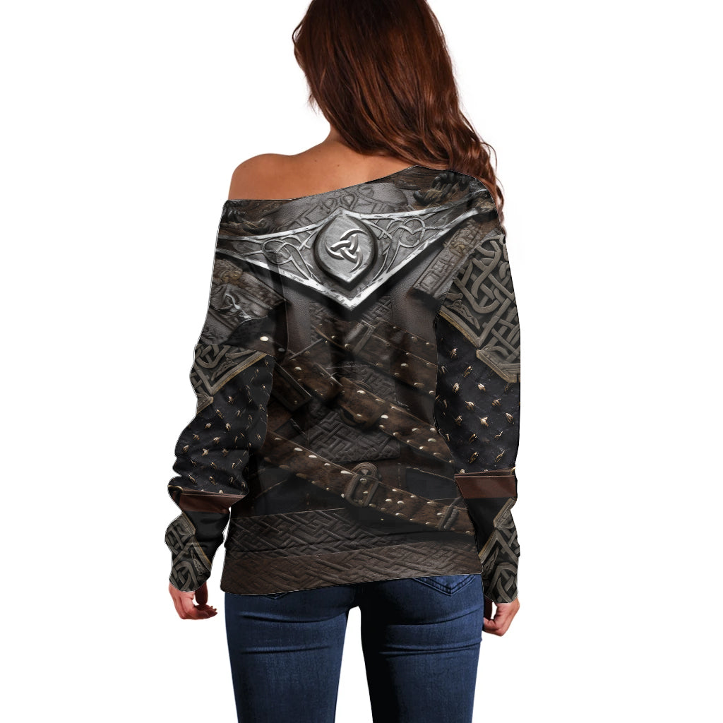 Legendary Viking Armor Off Shoulder Sweater Triple Horn Saga - Wonder Print Shop