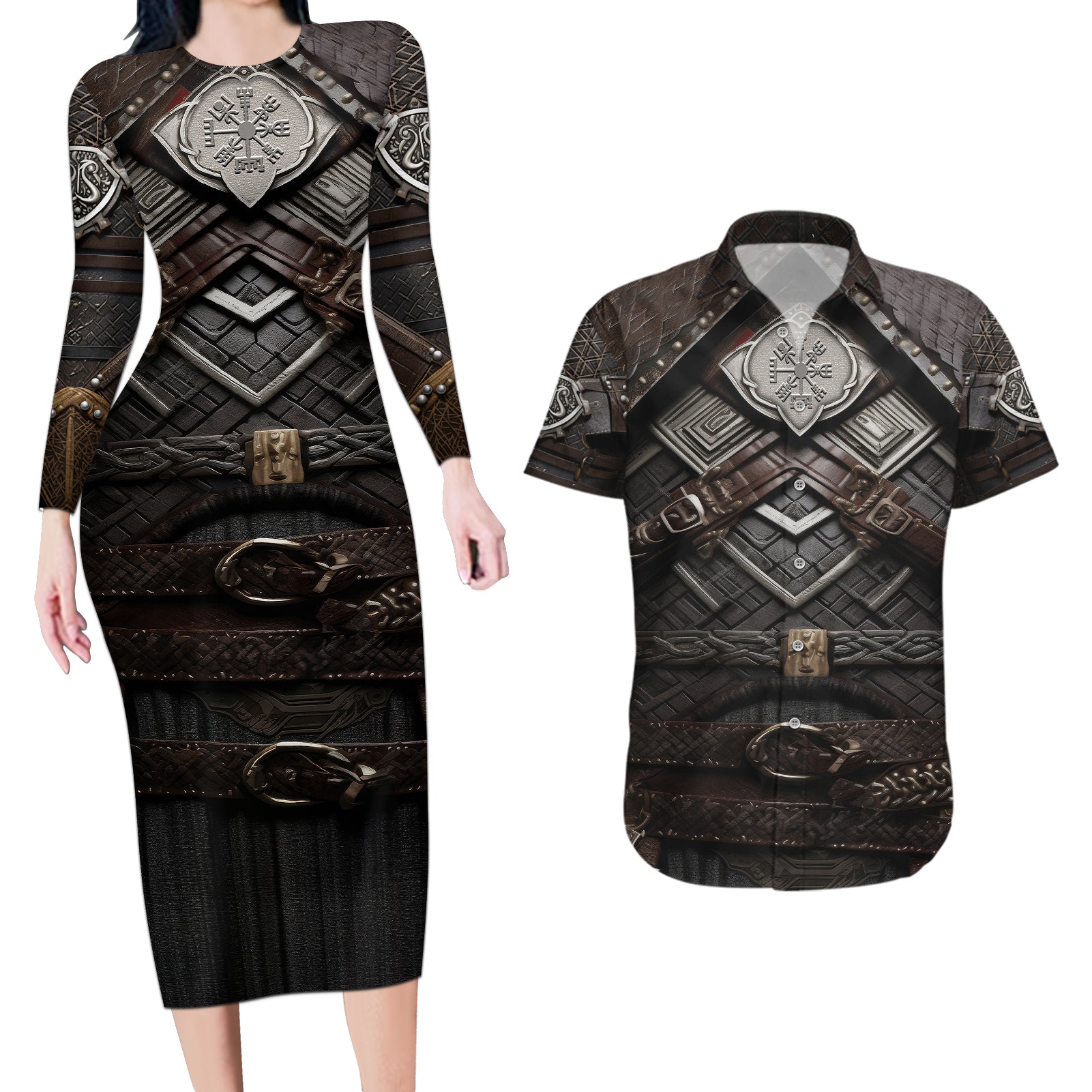 Viking Warrior Armor Couples Matching Long Sleeve Bodycon Dress and Hawaiian Shirt Fenrir Wolf Symbol - Wonder Print Shop