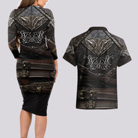 Viking Warrior Armor Couples Matching Long Sleeve Bodycon Dress and Hawaiian Shirt Fenrir Wolf Symbol - Wonder Print Shop