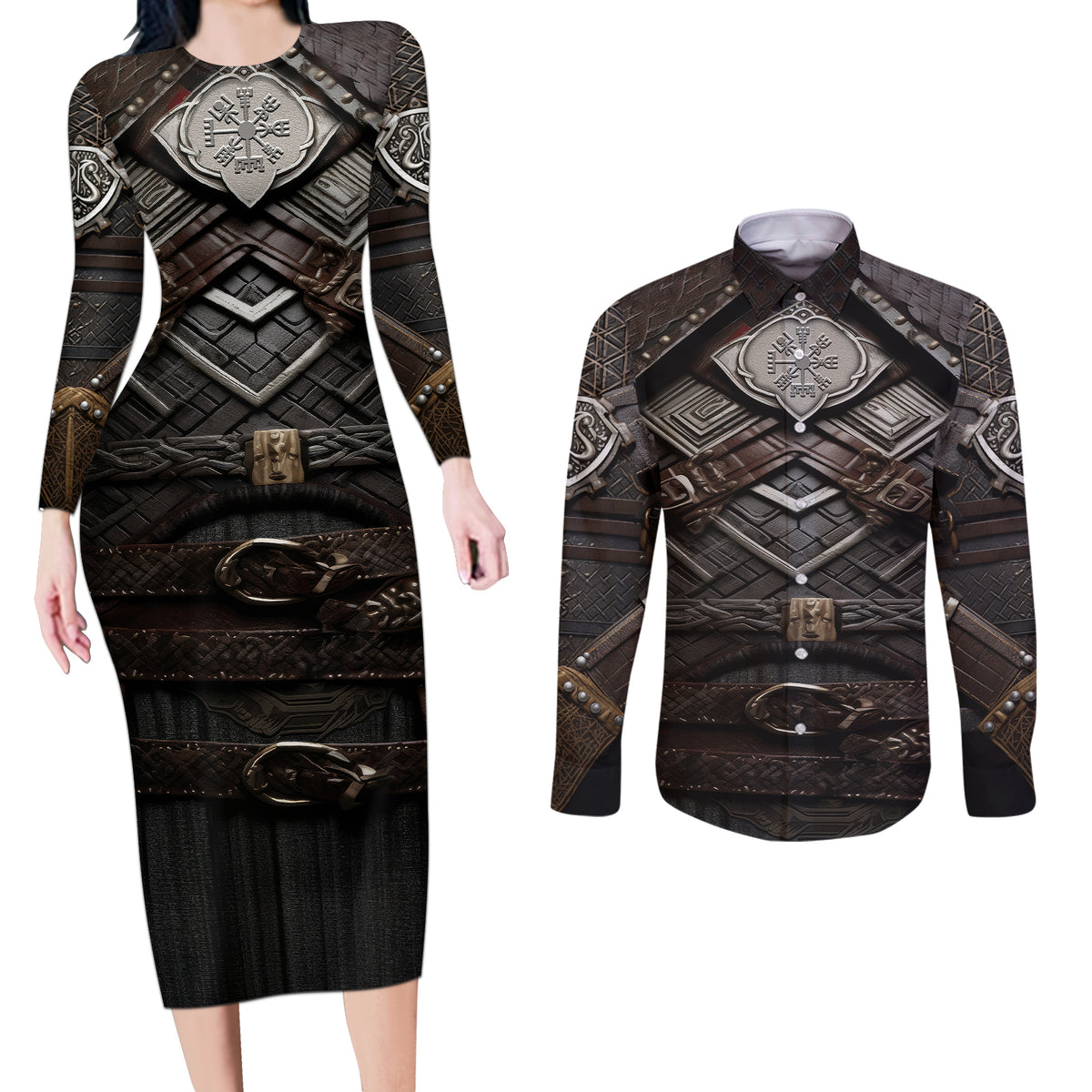 Viking Warrior Armor Couples Matching Long Sleeve Bodycon Dress and Long Sleeve Button Shirts Fenrir Wolf Symbol - Wonder Print Shop