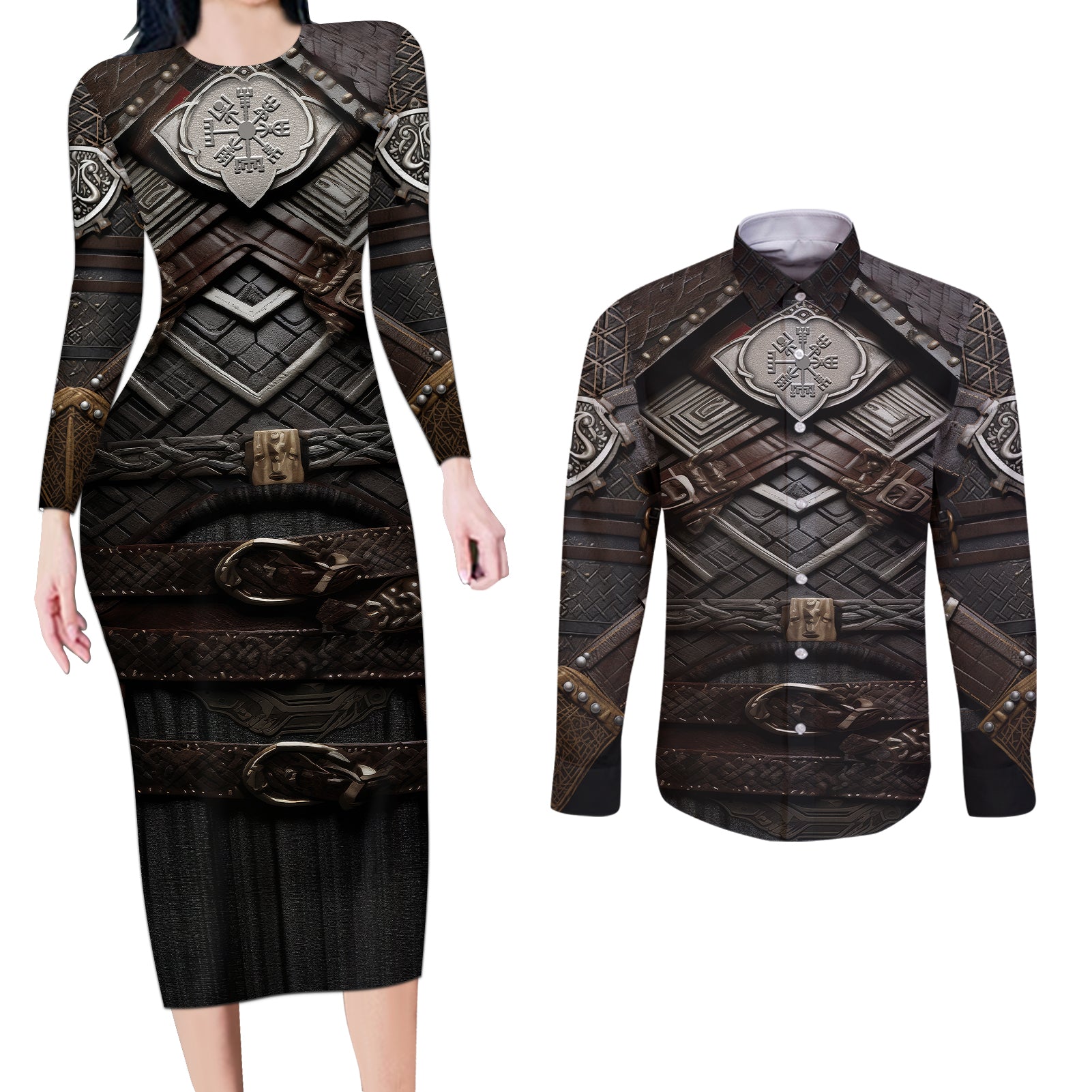 Viking Warrior Armor Couples Matching Long Sleeve Bodycon Dress and Long Sleeve Button Shirts Fenrir Wolf Symbol - Wonder Print Shop