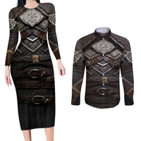 Viking Warrior Armor Couples Matching Long Sleeve Bodycon Dress and Long Sleeve Button Shirts Fenrir Wolf Symbol - Wonder Print Shop
