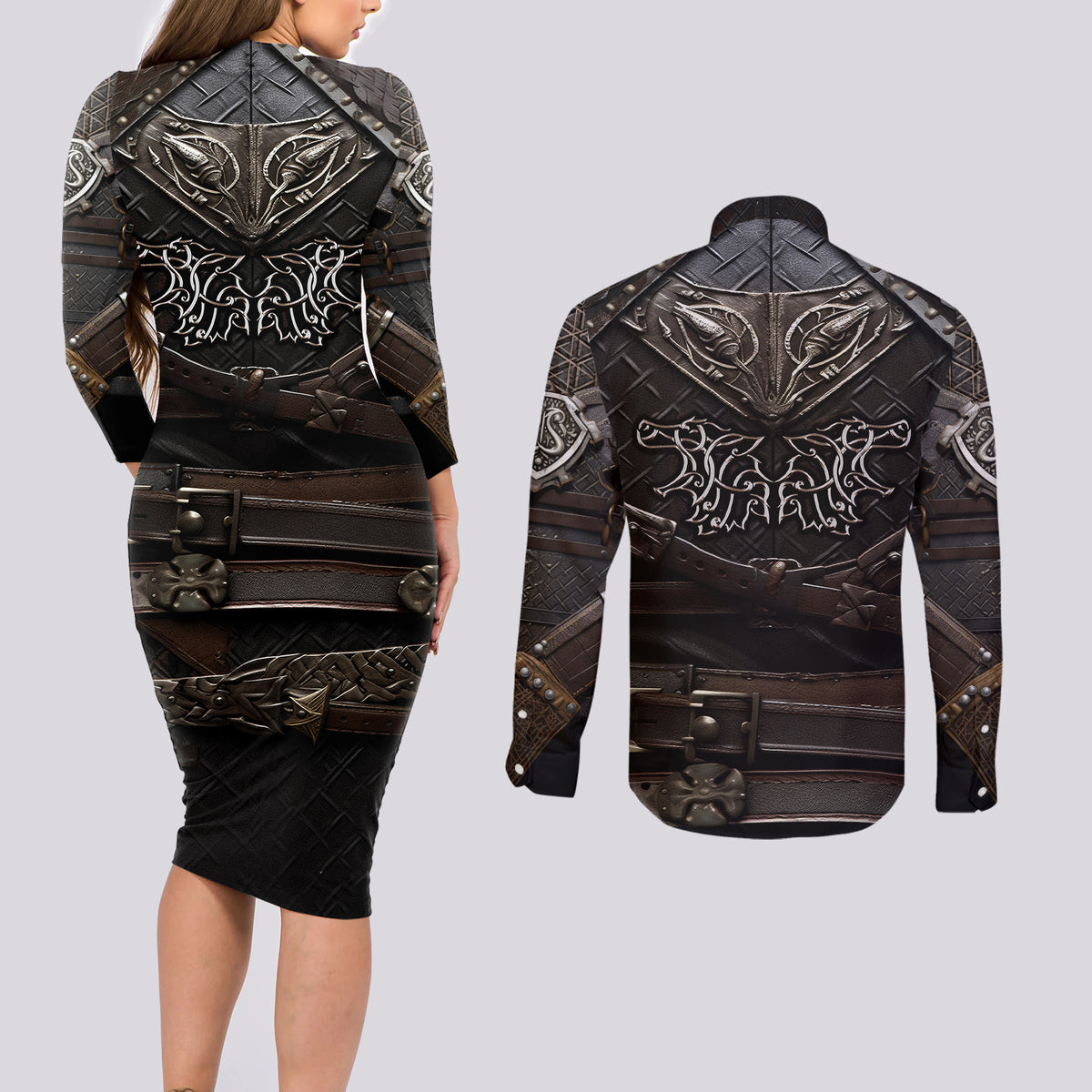 Viking Warrior Armor Couples Matching Long Sleeve Bodycon Dress and Long Sleeve Button Shirts Fenrir Wolf Symbol - Wonder Print Shop