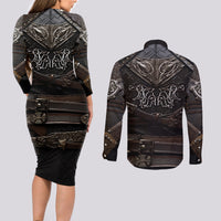 Viking Warrior Armor Couples Matching Long Sleeve Bodycon Dress and Long Sleeve Button Shirts Fenrir Wolf Symbol - Wonder Print Shop