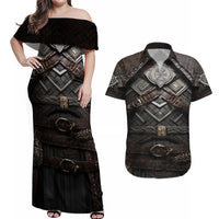 Viking Warrior Armor Couples Matching Off Shoulder Maxi Dress and Hawaiian Shirt Fenrir Wolf Symbol - Wonder Print Shop