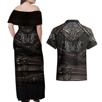 Viking Warrior Armor Couples Matching Off Shoulder Maxi Dress and Hawaiian Shirt Fenrir Wolf Symbol - Wonder Print Shop