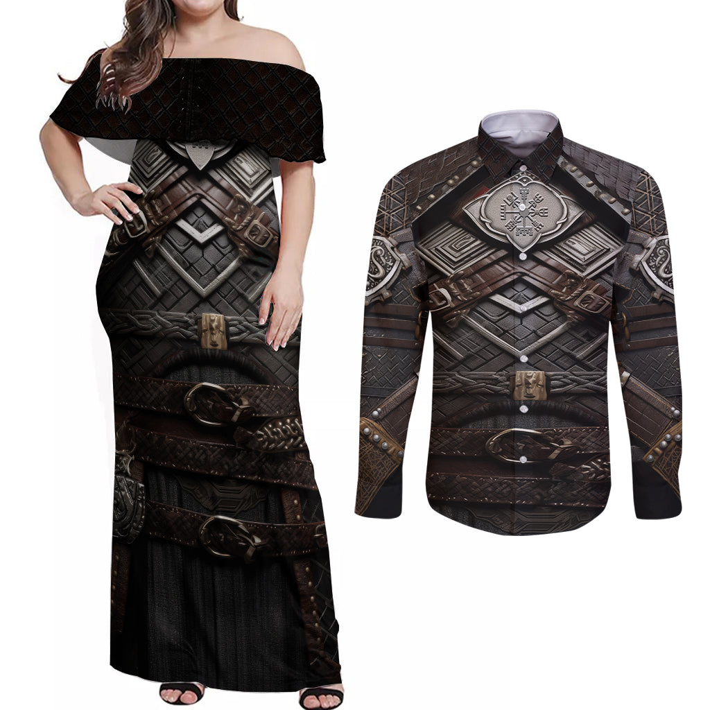 Viking Warrior Armor Couples Matching Off Shoulder Maxi Dress and Long Sleeve Button Shirts Fenrir Wolf Symbol - Wonder Print Shop