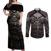 Viking Warrior Armor Couples Matching Off Shoulder Maxi Dress and Long Sleeve Button Shirts Fenrir Wolf Symbol - Wonder Print Shop