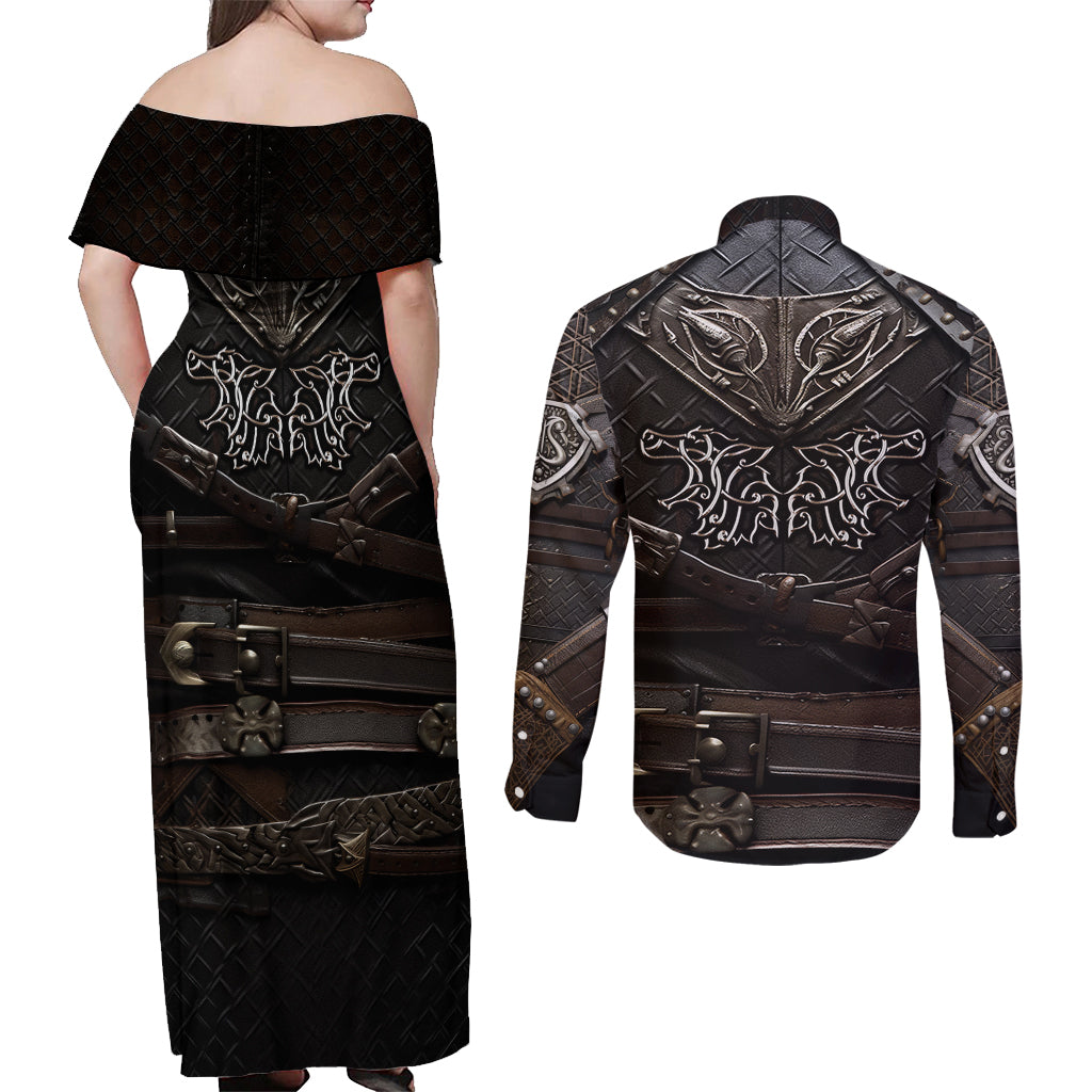 Viking Warrior Armor Couples Matching Off Shoulder Maxi Dress and Long Sleeve Button Shirts Fenrir Wolf Symbol - Wonder Print Shop