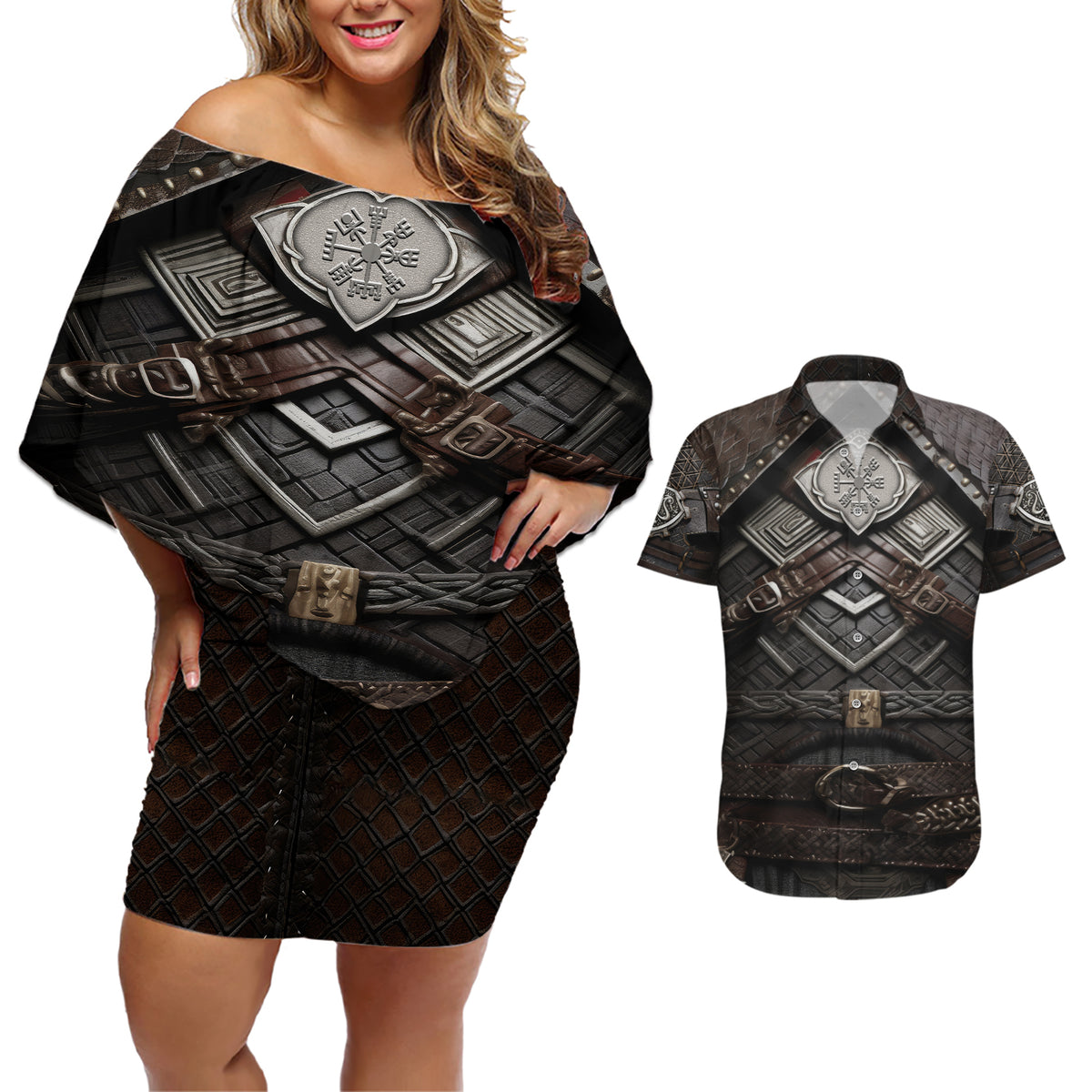 Viking Warrior Armor Couples Matching Off Shoulder Short Dress and Hawaiian Shirt Fenrir Wolf Symbol - Wonder Print Shop
