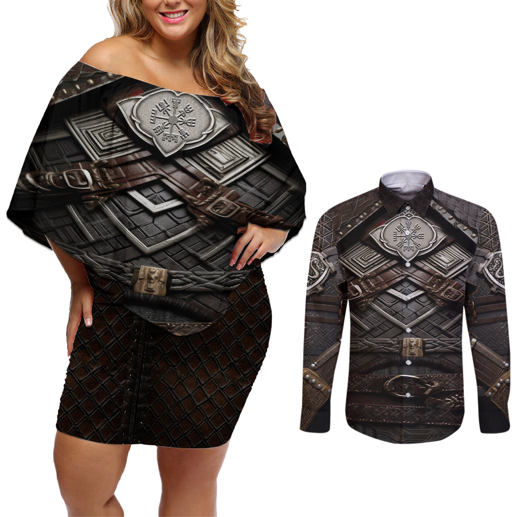 Viking Warrior Armor Couples Matching Off Shoulder Short Dress and Long Sleeve Button Shirts Fenrir Wolf Symbol - Wonder Print Shop