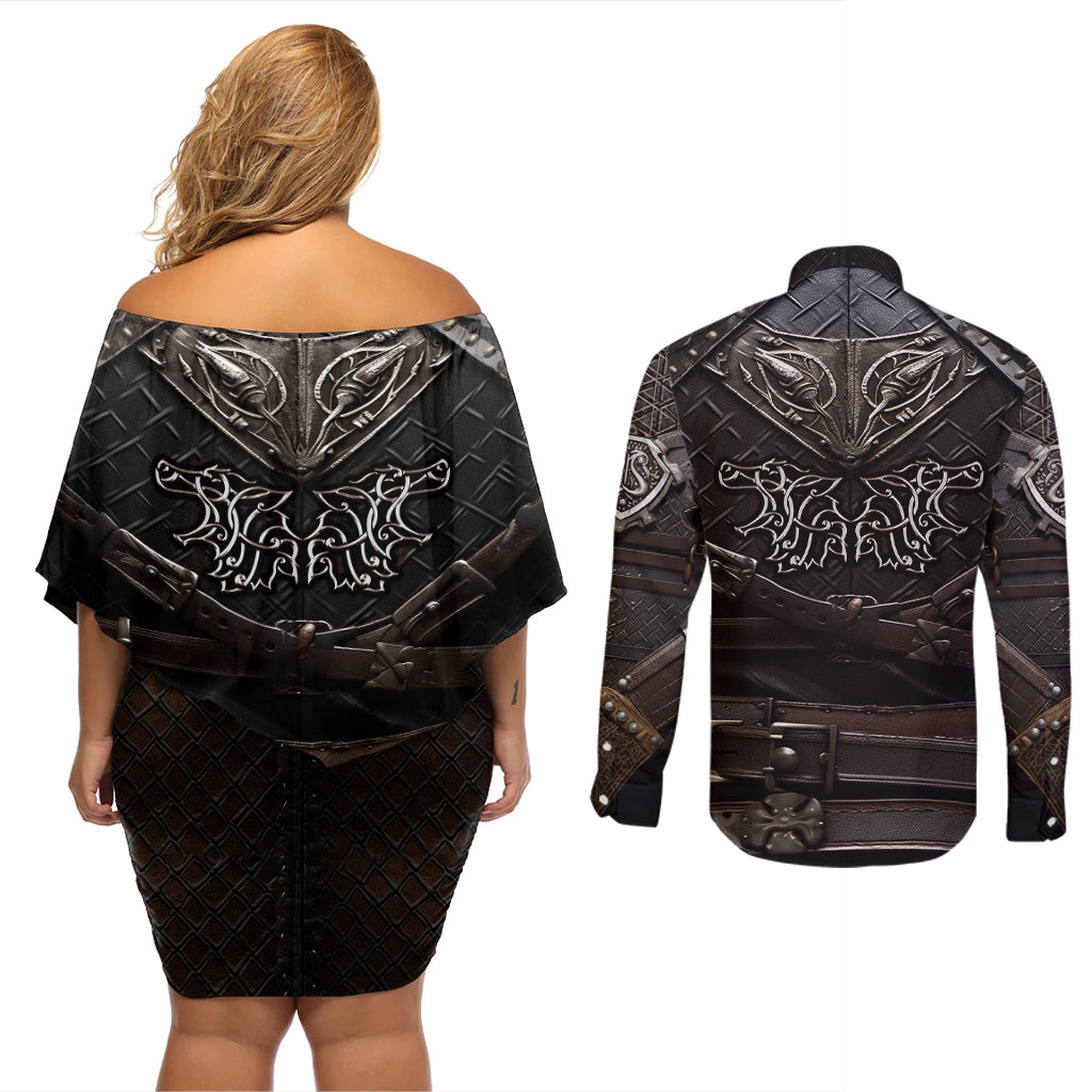 Viking Warrior Armor Couples Matching Off Shoulder Short Dress and Long Sleeve Button Shirts Fenrir Wolf Symbol - Wonder Print Shop