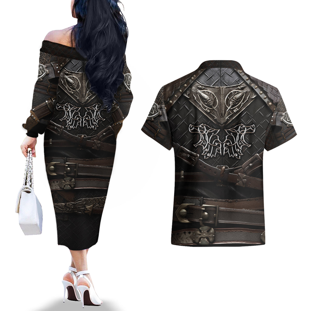 Viking Warrior Armor Couples Matching Off The Shoulder Long Sleeve Dress and Hawaiian Shirt Fenrir Wolf Symbol - Wonder Print Shop