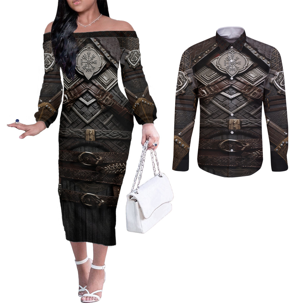 viking-warrior-armor-couples-matching-off-the-shoulder-long-sleeve-dress-and-long-sleeve-button-shirts-fenrir-wolf-symbol