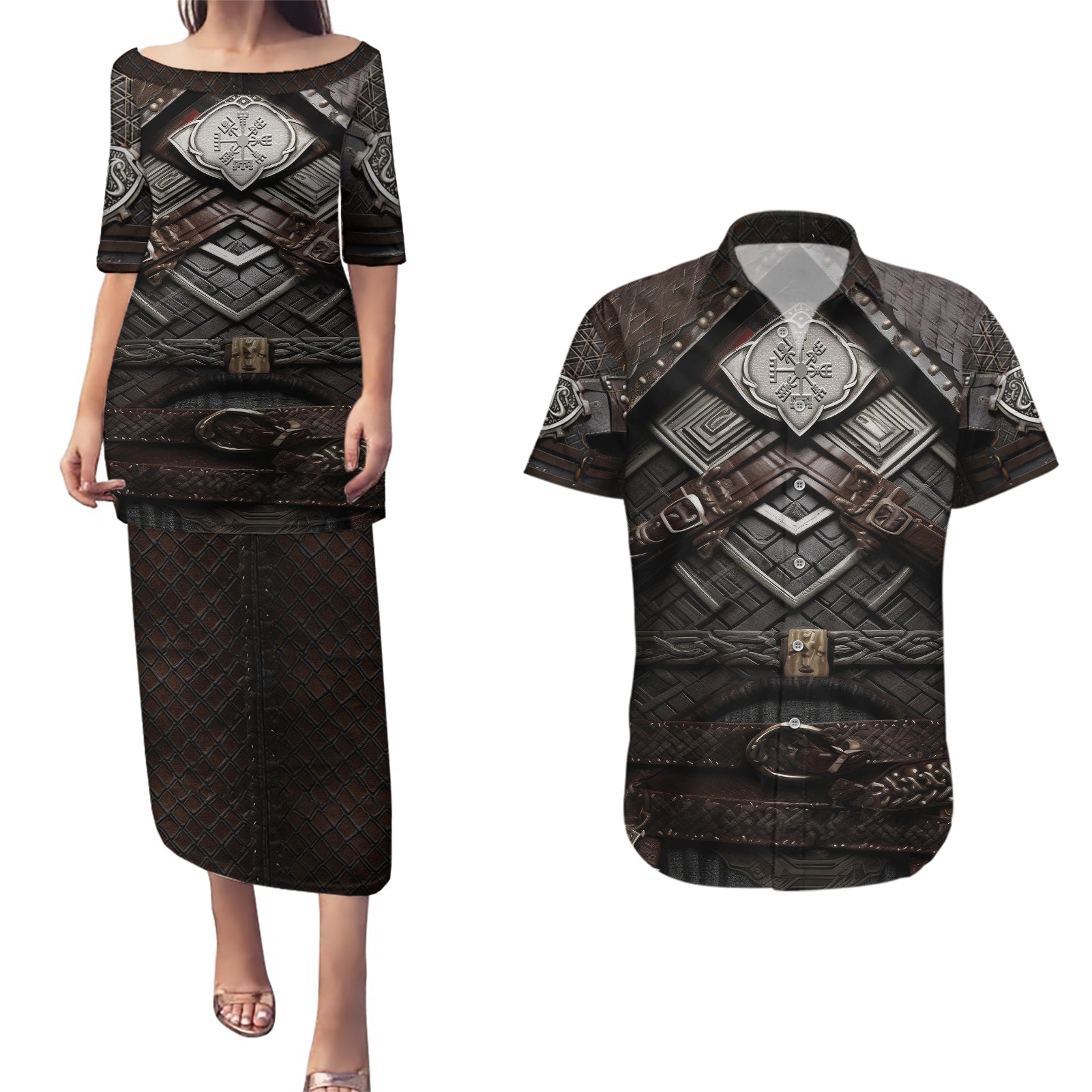 Viking Warrior Armor Couples Matching Puletasi Dress and Hawaiian Shirt Fenrir Wolf Symbol - Wonder Print Shop