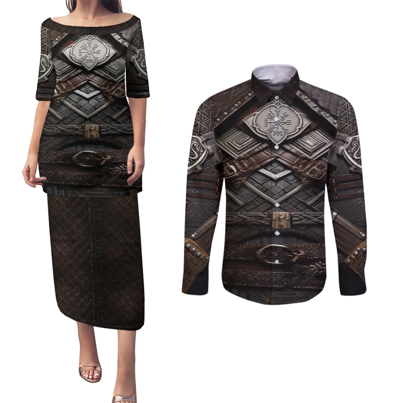 Viking Warrior Armor Couples Matching Puletasi Dress and Long Sleeve Button Shirts Fenrir Wolf Symbol - Wonder Print Shop